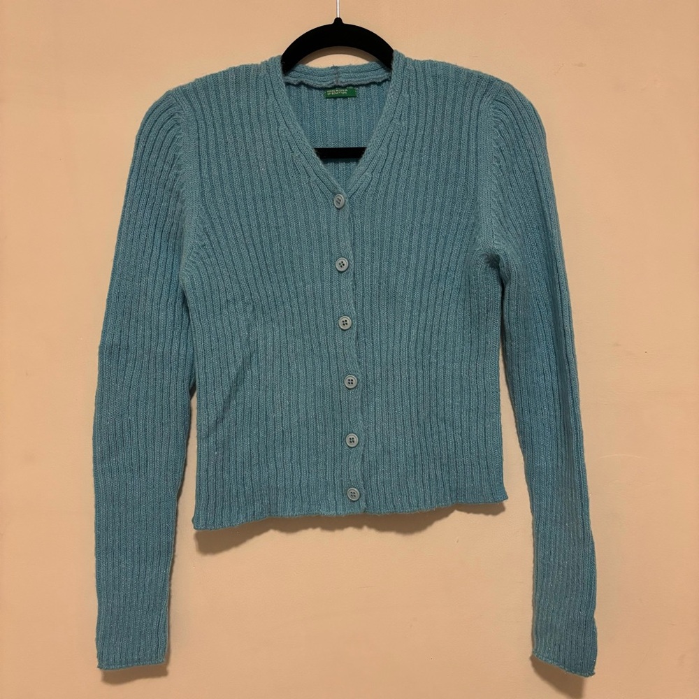 Wool blend slim small cardigan in sparkly blue